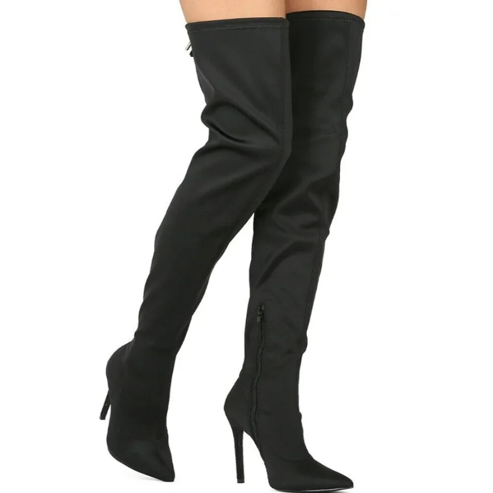 🖤 Statement Style Pointed Toe Thigh-High Silhouette Black SU Stiletto Boots